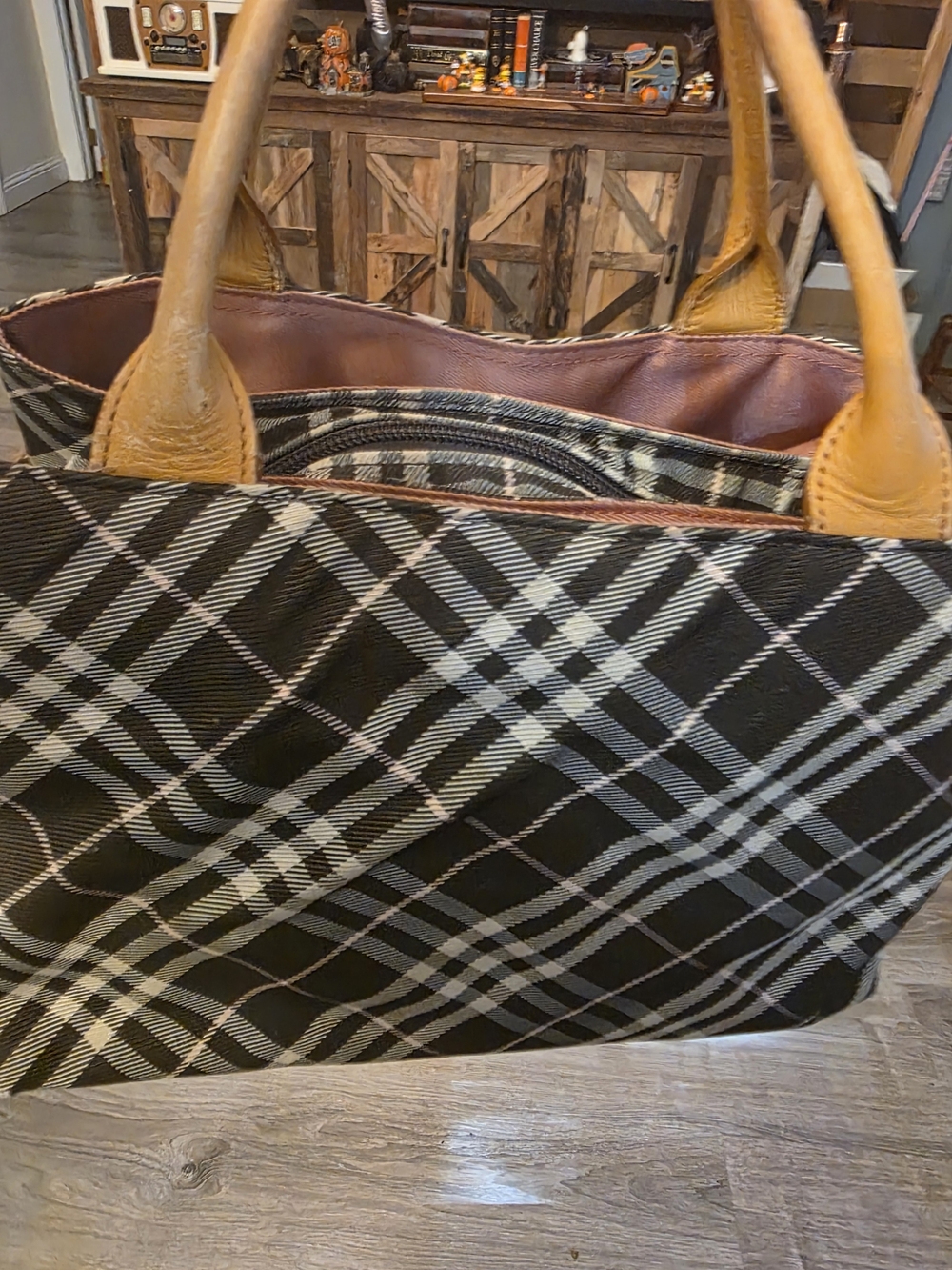 Vintage Burberry Blue Lable Black Plaid Tote Bag with Brown Handles